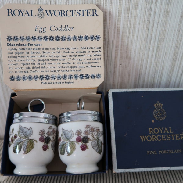 Vintage Pair of Royal Worcester Porcelain Lavinia Blackberry Egg Coddlers in Box