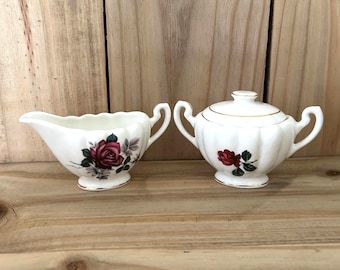 Vintage Royal Dover China Burgundy Rose Bone China Miniature Creamer & Sugar