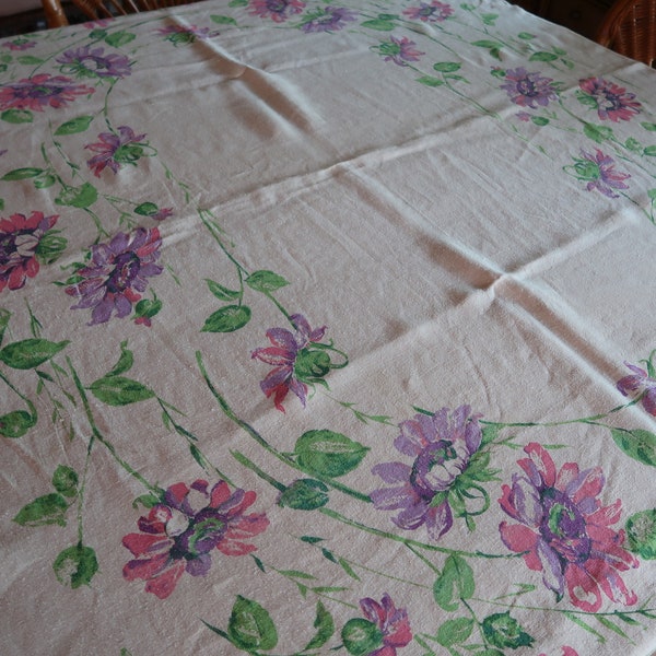 Vintage Pink & Lavender Floral Linen Tablecloth 50" x 66"