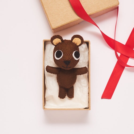 Postable bear hug in a box, cute small gift idea, tiny felt brown bear