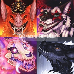 May include: Four digital illustrations of fantasy creatures. The first is a red fox with a skull and crossbones on its head. The second is a white wolf with a red mask and stars on its fur. The third is a pink skull with glowing eyes and a purple tongue. The fourth is a black dragon with white fur and glowing eyes.