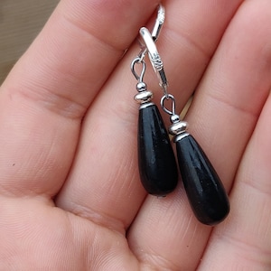 Genuine Russian black Shungite teardrop sterling silver earrings 25mm Long
