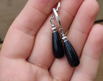Genuine Russian black Shungite teardrop sterling silver earrings 25mm Long