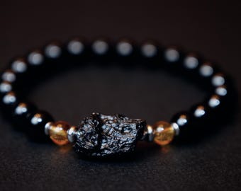 Men's Meteorite Tektite bracelet, its age around 700,000,  genuine Citrine and Black tourmaline Stretch bracelet