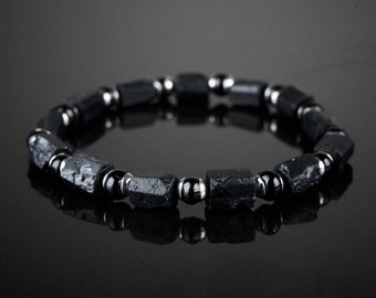 Genuine raw black tourmaline bracelet. Men's Black tourmaline stainless steel bracelet. Rough black tourmaline bracelet
