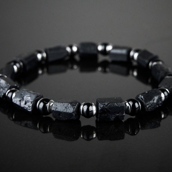 Genuine raw black tourmaline bracelet. Men's Black tourmaline stainless steel bracelet. Rough black tourmaline bracelet