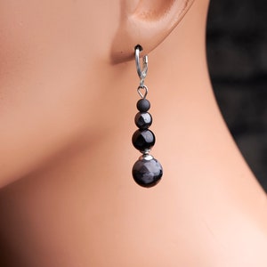 Genuine mystic Merlinite indigo gabbro black tourmaline hematite Russian black Shungite sterling silver long drop earrings