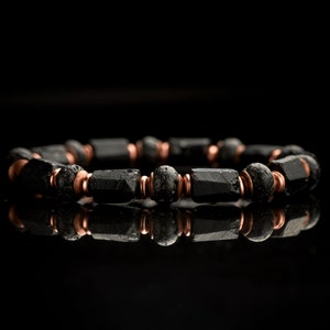 Men's genuine raw black Tourmaline Volcanic black Lava raw solid copper stretch spiritual meditation bracelet