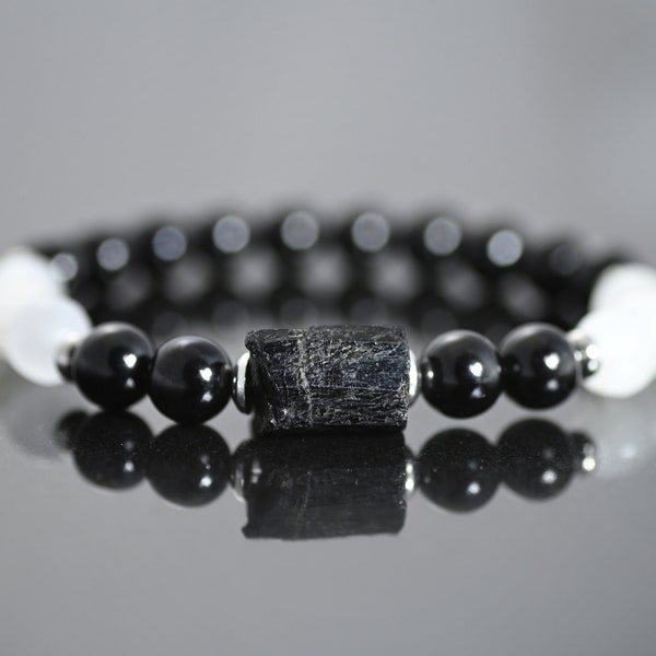 Raw Black tourmaline selenite bracelet, Men's selenite black Tourmaline meditation grounding protection spiritual stretch bracelet