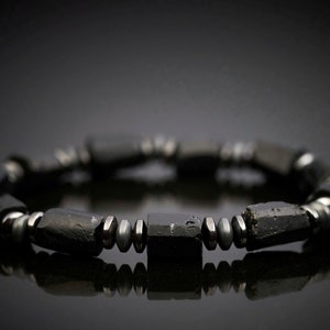 Men&#39;s Genuine untreated raw black tourmaline hematite stretch bracelet. Natural rough black tourmaline black hematite protection bracelet