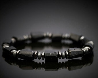 Men's Genuine untreated raw black tourmaline hematite stretch bracelet. Natural rough black tourmaline black hematite protection bracelet