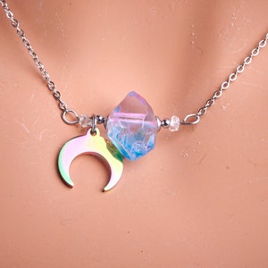 Multi color crescent moon rough blue pink coated Angel Aura quartz pendant