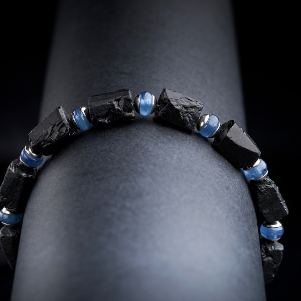 Raw Black Tourmaline blue Kyanite stretch bracelet. Men's Genuine untreated rough black tourmaline Kyanie stainless steel bracelet