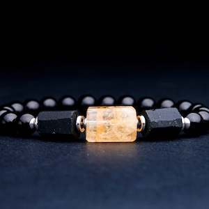 Men's Large genuine yellow Citrine quartz black tourmaline stretch bracelet.  Raw black tourmaline citrine men's bracelet