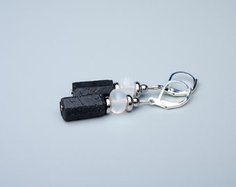 Genuine AAA Selenite black tourmaline Sterling silver earrings. Selenite black tourmaline earrings. Black white gemstone earrings