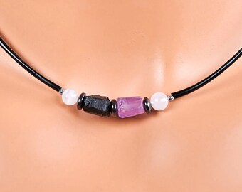 Empath protection necklace, genuine untreated rough raw black tourmaline Amethyst rose quartz selenite hematite black  cord pendant