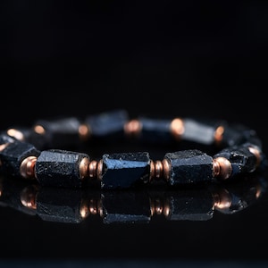 Genuine raw black tourmaline copper stretch bracelet. Rough black tourmaline spiritual bracelet. Unisex men's raw black tourmaline bracelet