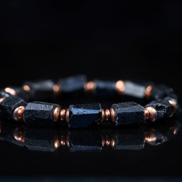 Genuine raw black tourmaline copper stretch bracelet. Rough black tourmaline spiritual bracelet. Unisex men's raw black tourmaline bracelet