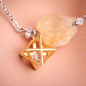 Genuine Rough Citrine NY Herkimer diamond gold plated Merkaba crystal charm pendant necklace