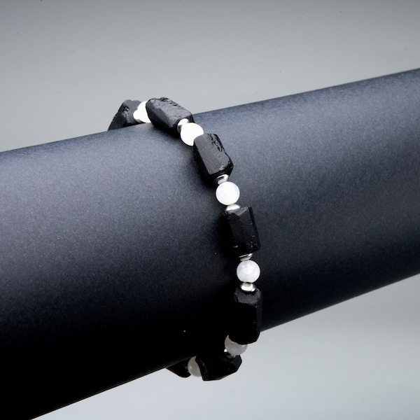 Genuine raw black tourmaline white flashing Moonshine stretch bracelet, unisex men's black tourmaline moonstone bracelet