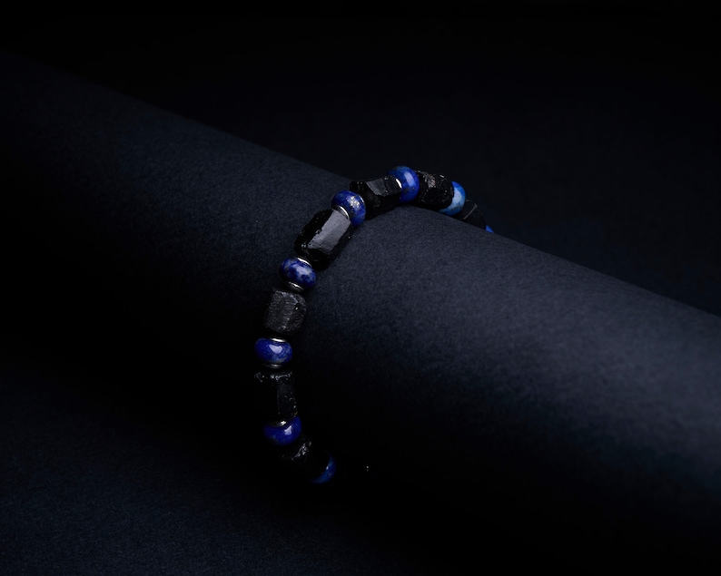 Men's Genuine untreated raw black tourmaline blue Lapis lazuli gemstone stretch bracelet. Rough black tourmaline bracelet image 2