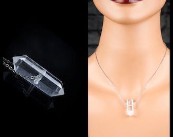 Natural Double Terminated Clear Quartz Point Pendant, Stainless Steel Chain