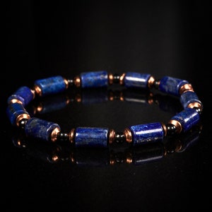 Men's genuine untreated dark blue Lapis lazuli genuine black Russian Shungite solid raw copper delicate stretch bracelet