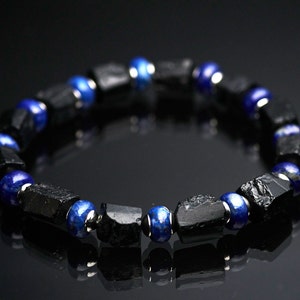 Men's Genuine untreated raw black tourmaline blue Lapis lazuli gemstone stretch bracelet. Rough black tourmaline bracelet