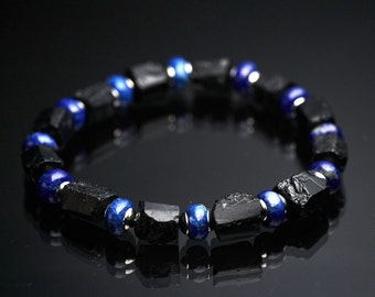 Men's Genuine untreated raw black tourmaline blue Lapis lazuli gemstone stretch bracelet. Rough black tourmaline bracelet