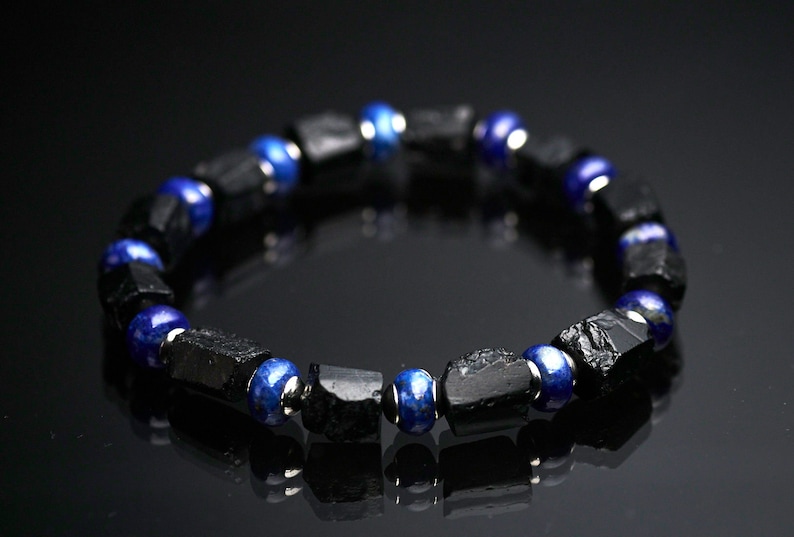 Men's Genuine untreated raw black tourmaline blue Lapis lazuli gemstone stretch bracelet. Rough black tourmaline bracelet image 1