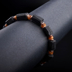 Men&#39;s Genuine untreated raw black tourmaline tiger eye copper stretch bracelet, rough black tourmaline bracelet