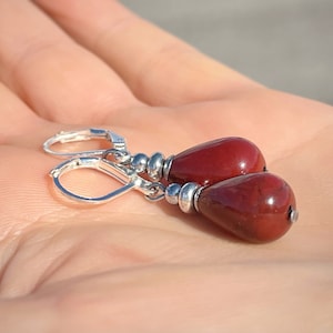 Natural Red Jasper teardrop gemstone sterling silver drop earrings 20mm