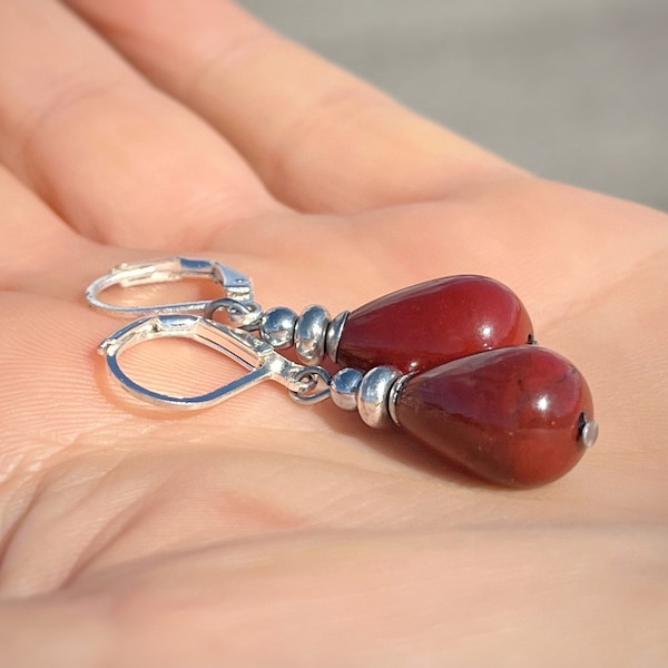 Natural Red Jasper teardrop gemstone sterling silver drop earrings 20mm