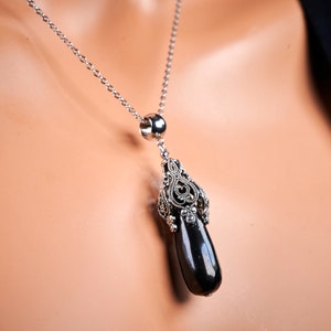 Genuine untreated Russian Karelian black Shungite teardrop gemstone flower pendant on stainless steel adjustable chain