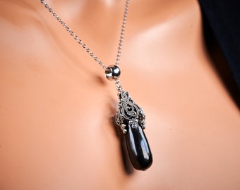 Genuine untreated Russian Karelian black Shungite teardrop gemstone flower pendant on stainless steel adjustable chain