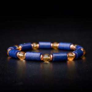 Genuine blue Lapis Lazuli yellow Citrine gemstone solid copper stretch bracelet