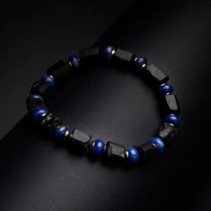 Men's Genuine untreated raw black tourmaline blue Lapis lazuli gemstone stretch bracelet. Rough black tourmaline bracelet image 3
