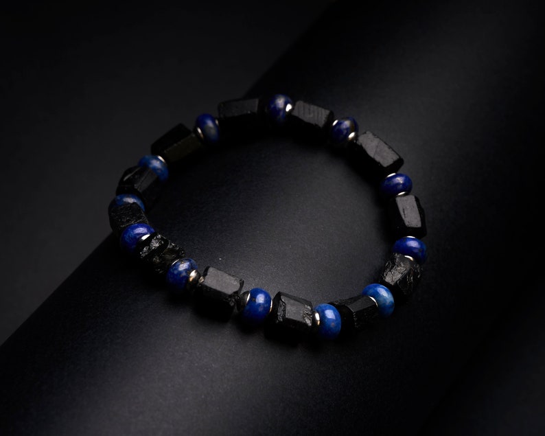 Men's Genuine untreated raw black tourmaline blue Lapis lazuli gemstone stretch bracelet. Rough black tourmaline bracelet image 3
