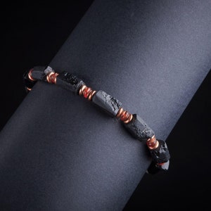 unisex men's Genuine untreated raw black tourmaline red orange Carnelian gemstone solid copper stretch bracelet