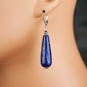 Genuine natural untreated blue lapis lazuli with pyrite teardrop sterling silver long drop earrings