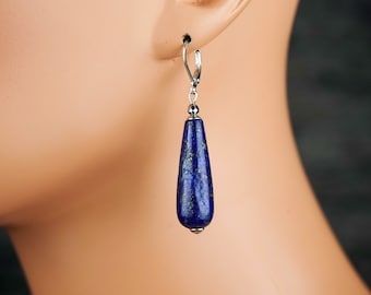 Genuine natural untreated blue lapis lazuli with pyrite teardrop sterling silver long drop earrings