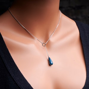 Genuine untreated lake Blue Apatite gemstone teardrop pendant. Natural Appetite 20mm teardrop drop delicate pendant on stainless steel chain