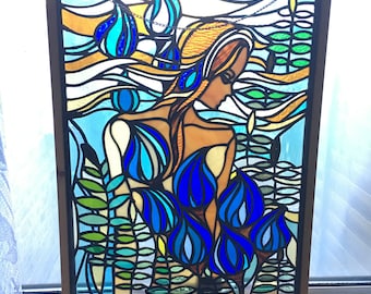 Beautiful Girl with Flowers Stained Glass Panel/Sun Catcher with LED light wall decoration with remote control