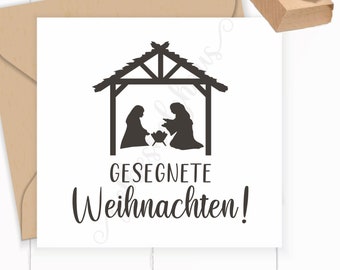 Weihnachts-STEMPEL mit Krippe "Gesegnete Weihnachten!" als Selbstfärber / Holzstempel optional mit Stempelkissen / Stempelgummi, 41-100 mm