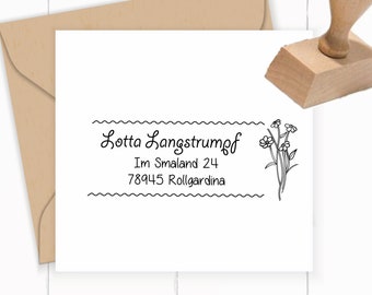 AdressSTEMPEL "Gänseblümchen" Selbstfärber/Holzstempel, individualisierbar, 58 x 22mm, persönlicher Namensstempel, Familienstempel