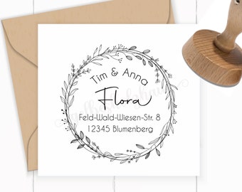 Adres STEMPEL "Flora" zelfinktende of houten stempel | 4 tot 10 cm hoog | persoonlijke naam en familiestempel | aanpasbaar