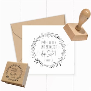 Slogan du timbre 2025 Floral "1 Thessaloniciens 5:21 - Testez tout et gardez ce qui est bon !" Auto-encreur | Timbre en bois | blocs | caoutchouc