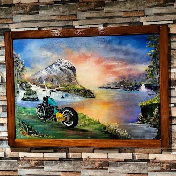 Motorcycle Oil Painting Custom Harley Davidson. Motorbike Wall Art Gift for Dad. Biker Art Automotive Painting. Motorcycle Decor Landscape Etsy UK