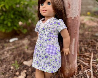 Purple Floral and Gingham Hooverette Dress, 1930's/ 1940's Era Style Doll Dress for American Girl Doll, 18" Doll Outfit