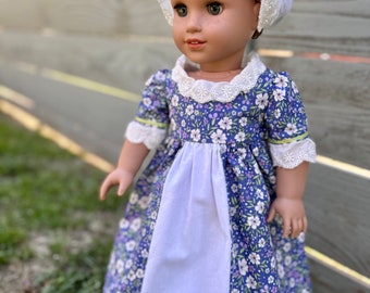 Colonial Dress and Cap Outfit for 18" Dolls, Historical Doll Clothing, 1700's Early American Doll Dress